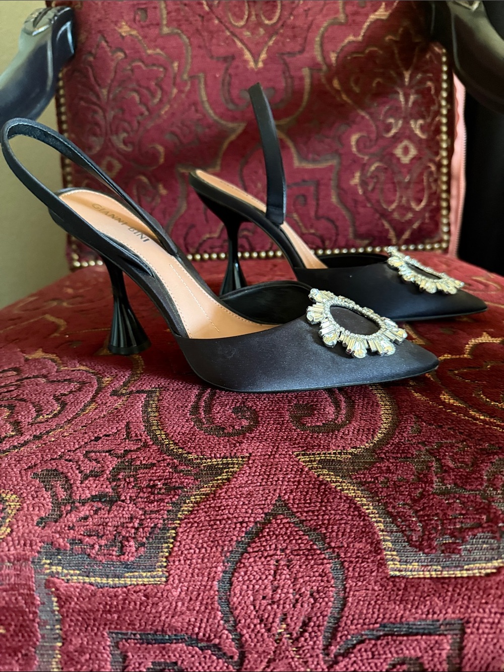 Gianni Bini Black Satin Slingback Heels with Crystal Buckle